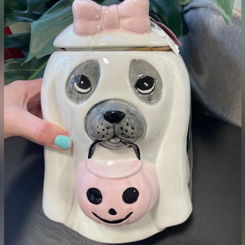 Pink Halloween Ghost Dog w/ Pink Bow & Pink Pumpkin Ceramic Cookie Jar NWT